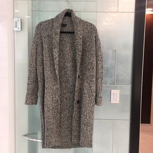 Long black and white tweed sweater coat